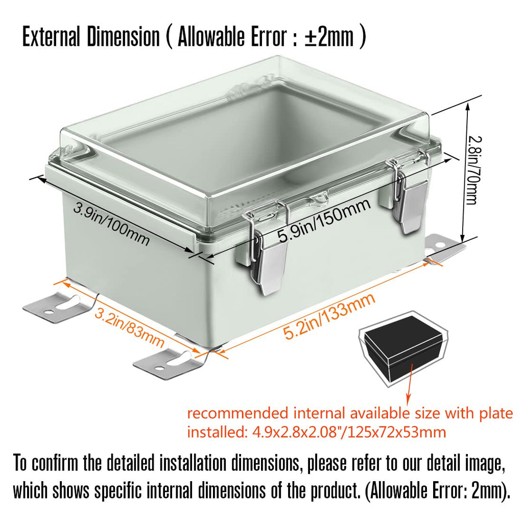 ABS Junction Box Hinged Clear Cover Stainless Steel Latch IP67 Waterproof Enclosure with Mounting Plate Wall Bracket 5.9x3.9x2.8 inch Pack of 2 R41598
