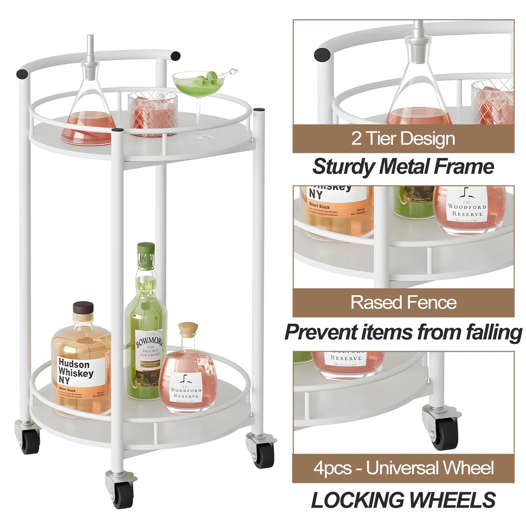 White 2 Tiers Rolling Metal Bar Cart with Handle I51623