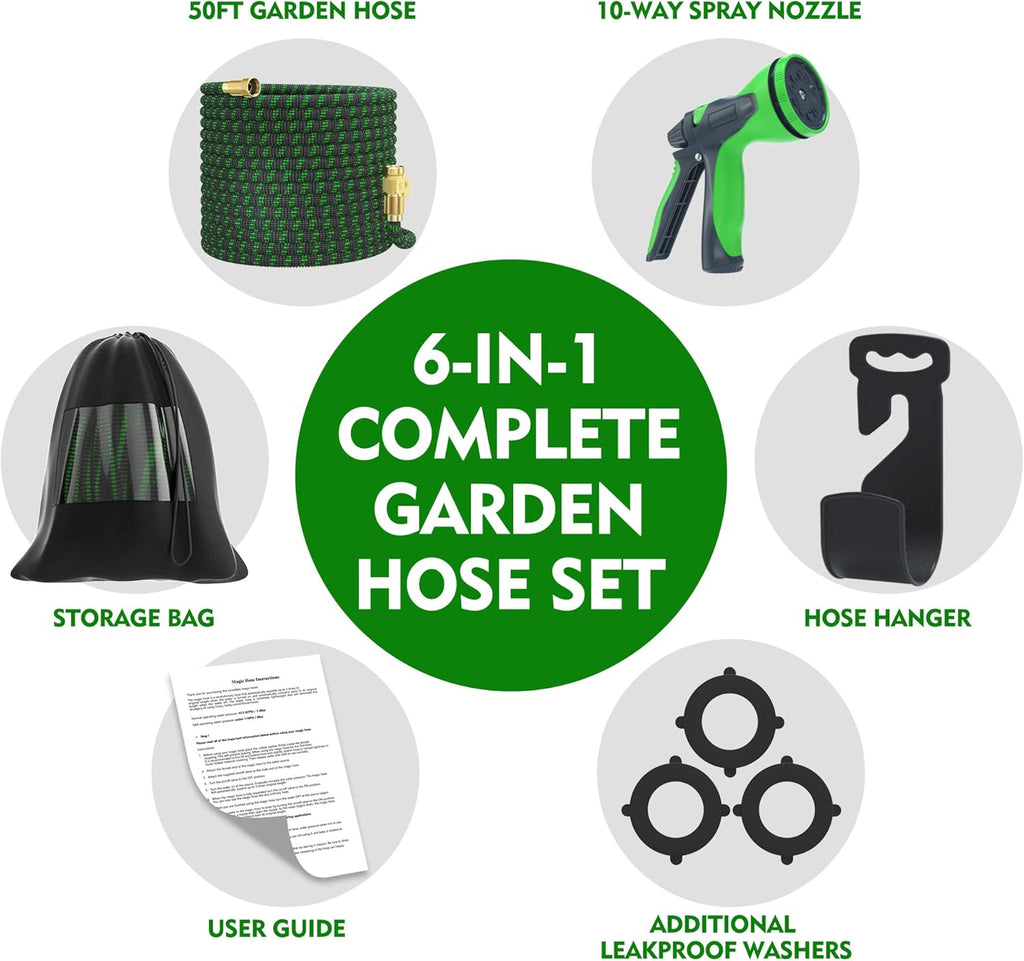 100ft Expandable Garden Hose with 10 Function Nozzle and Solid Brass Fittings U4050