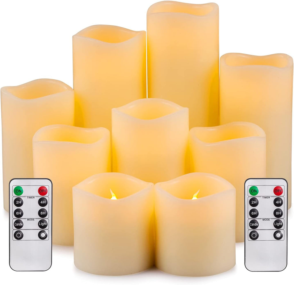 Flameless LED Pillar Candle Set of 9 with Remote Control Timer R4478
