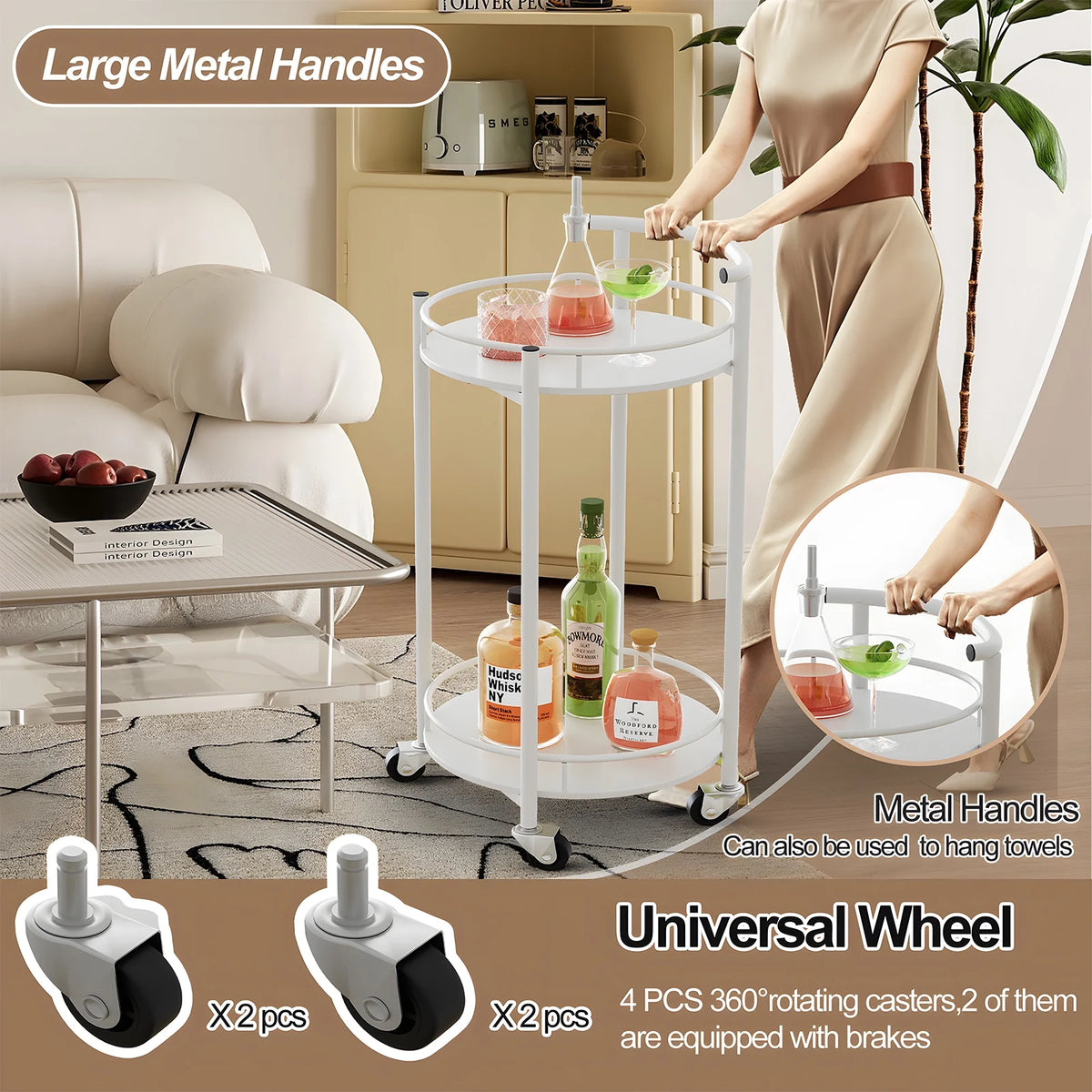 White 2 Tiers Rolling Metal Bar Cart with Handle I51623