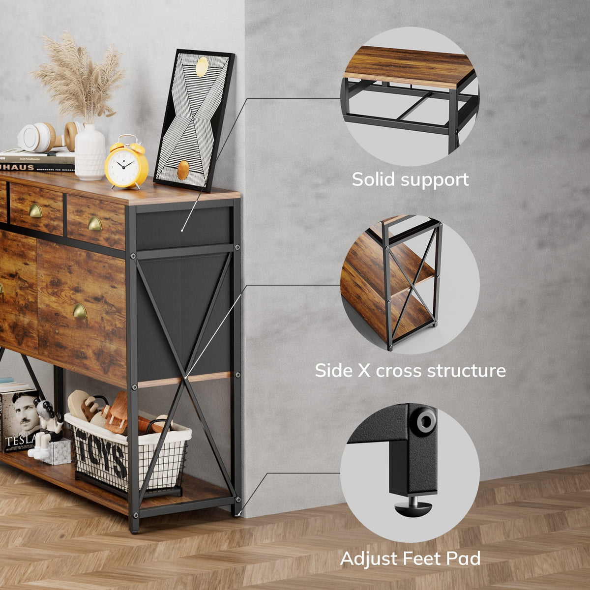 Rustic Brown Console Table with Drawers and Storage Shelves P82772