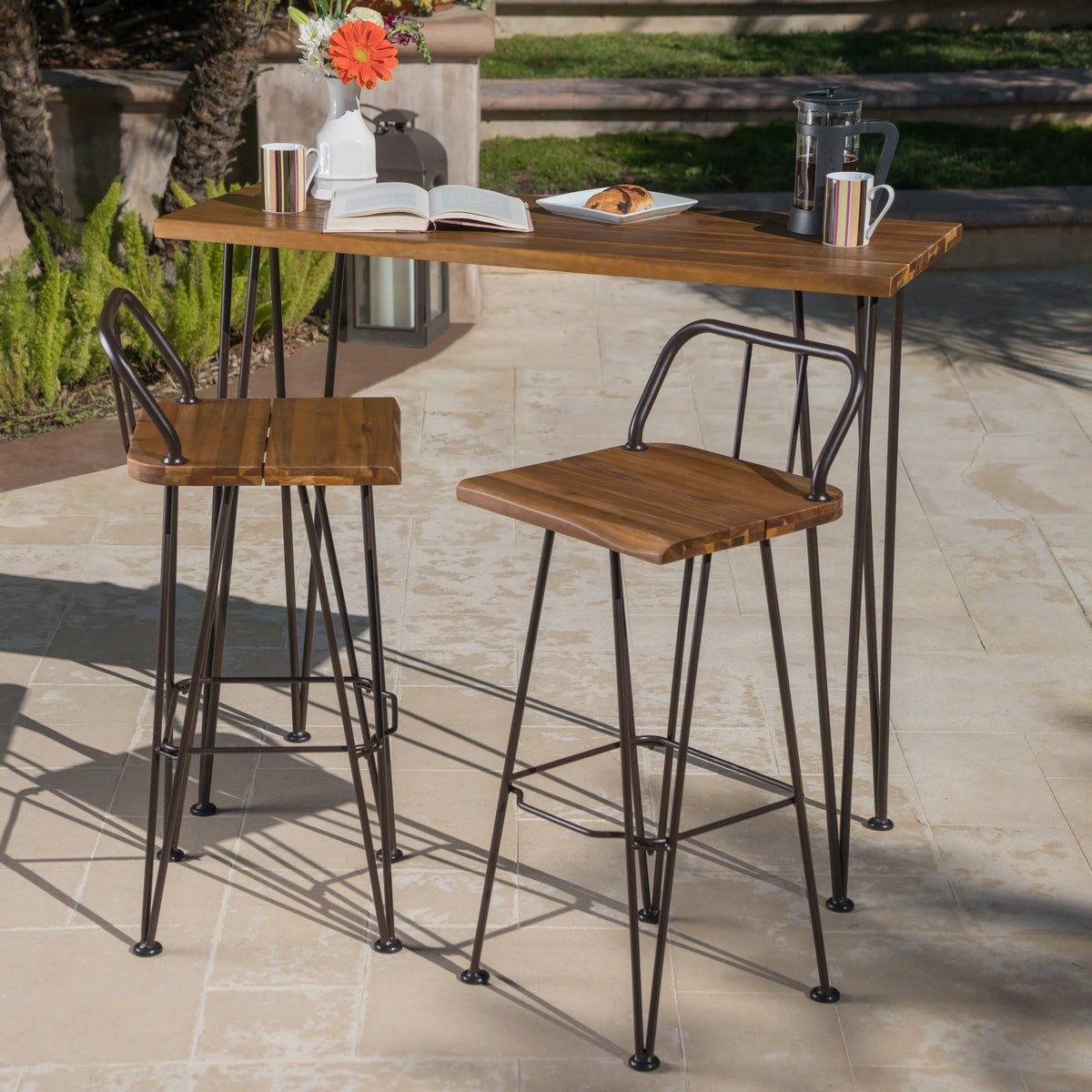Acacia Wood Bar Set with Iron Frame L519765