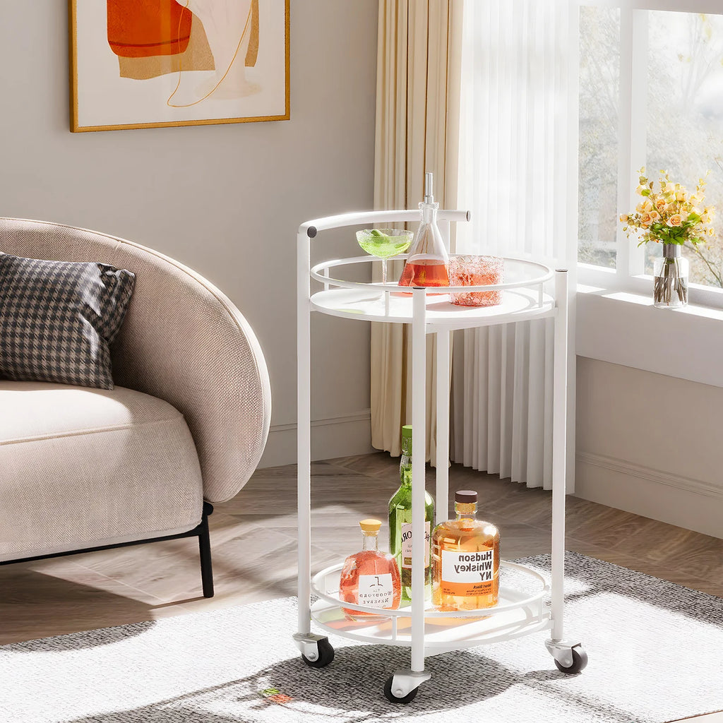 White 2 Tiers Rolling Metal Bar Cart with Handle I51623