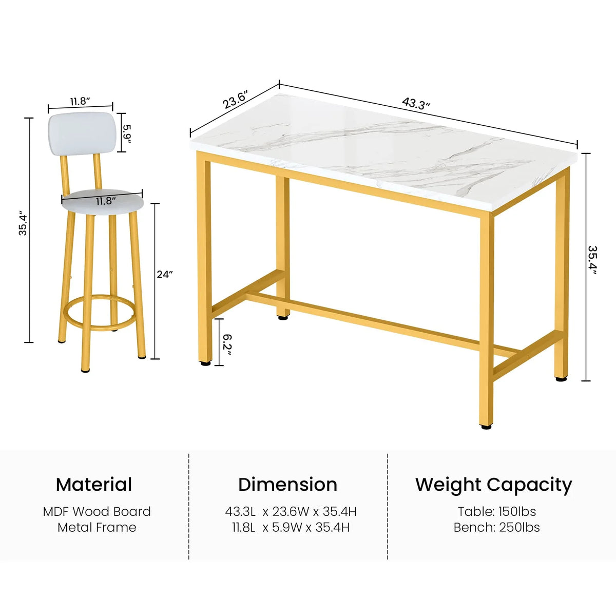 Faux Marble Counter Height Dining Table Set with 4 PU Upholstered Stools E199