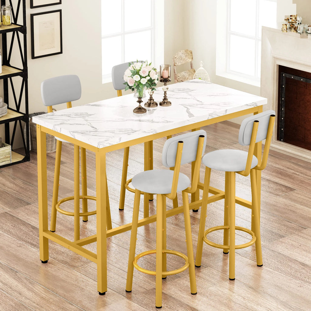 Faux Marble Counter Height Dining Table Set with 4 PU Upholstered Stools E199