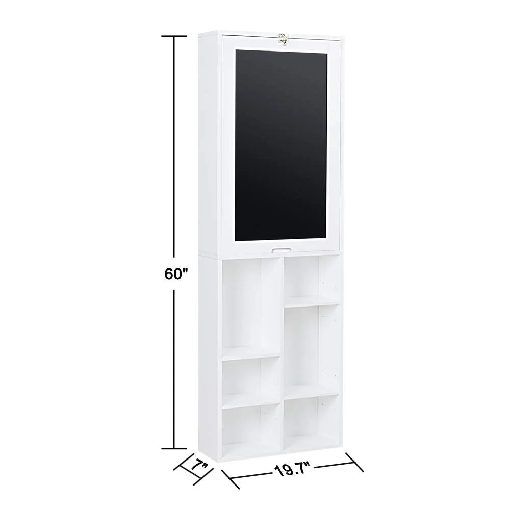 White Collapsible Fold Down Desk Table & Wall Cabinet with Chalkboard & Bottom Shelf P48781