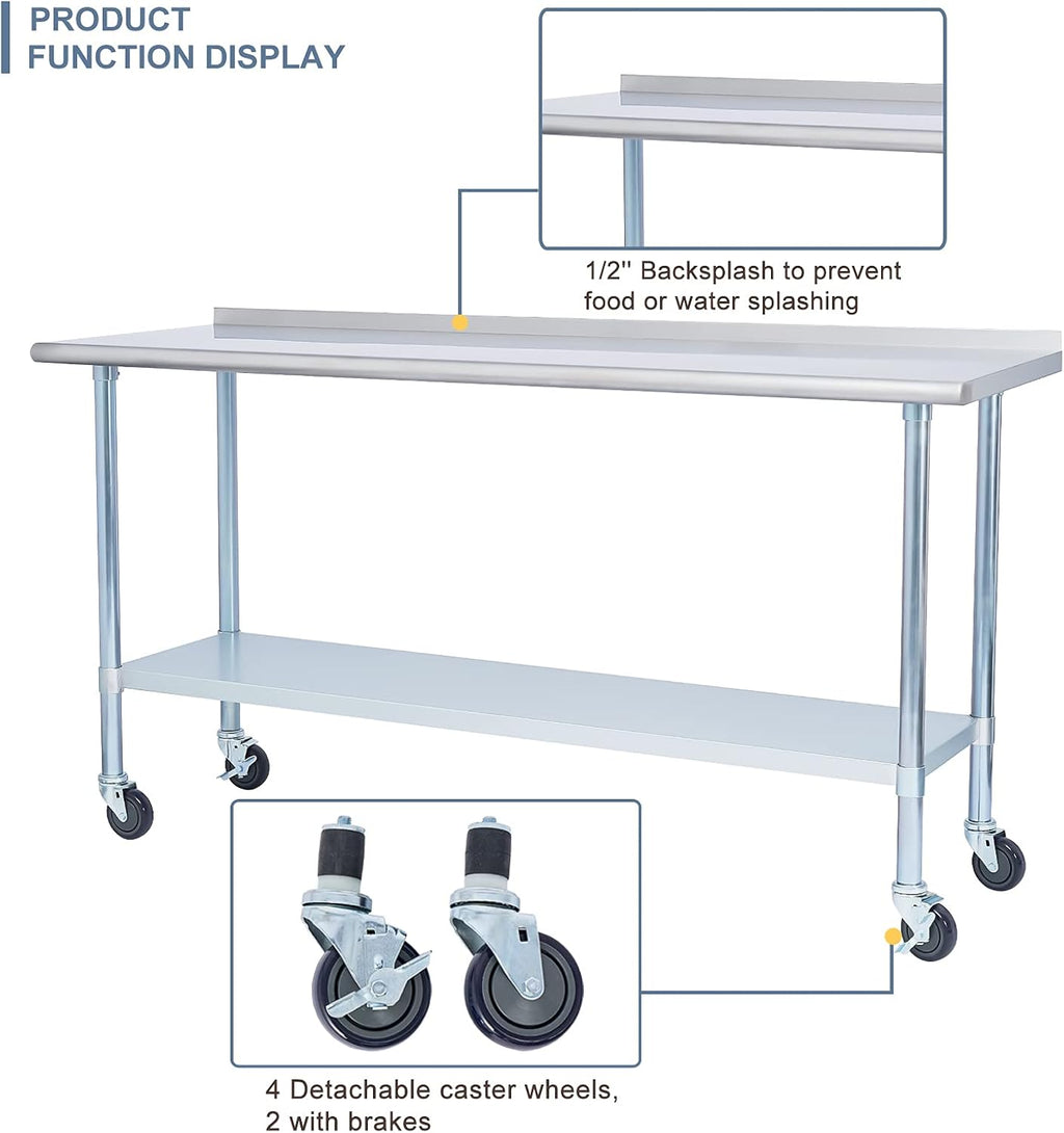 Stainless Steel Metal Work Table with Backsplash, 24 x 60 Inches M9420