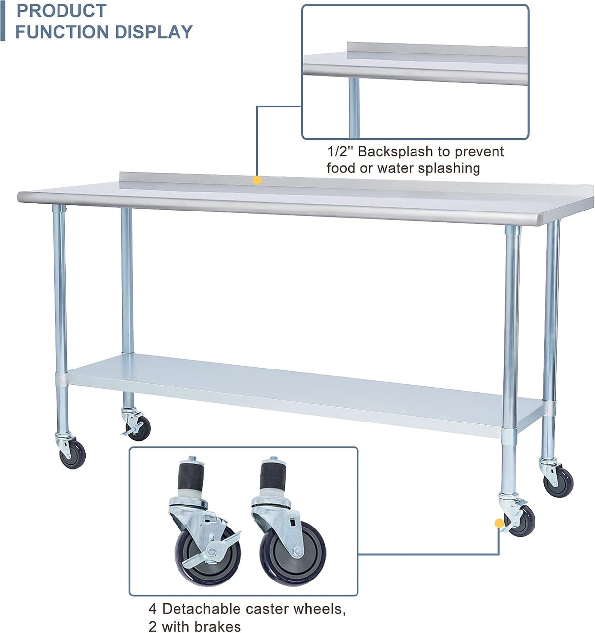 Stainless Steel Metal Work Table with Backsplash, 24 x 60 Inches M9420
