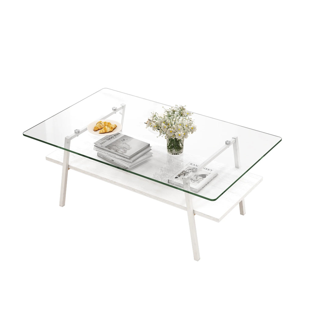 Rectangle Coffee Table with Tempered Glass Tabletop and White Metal Legs K9415