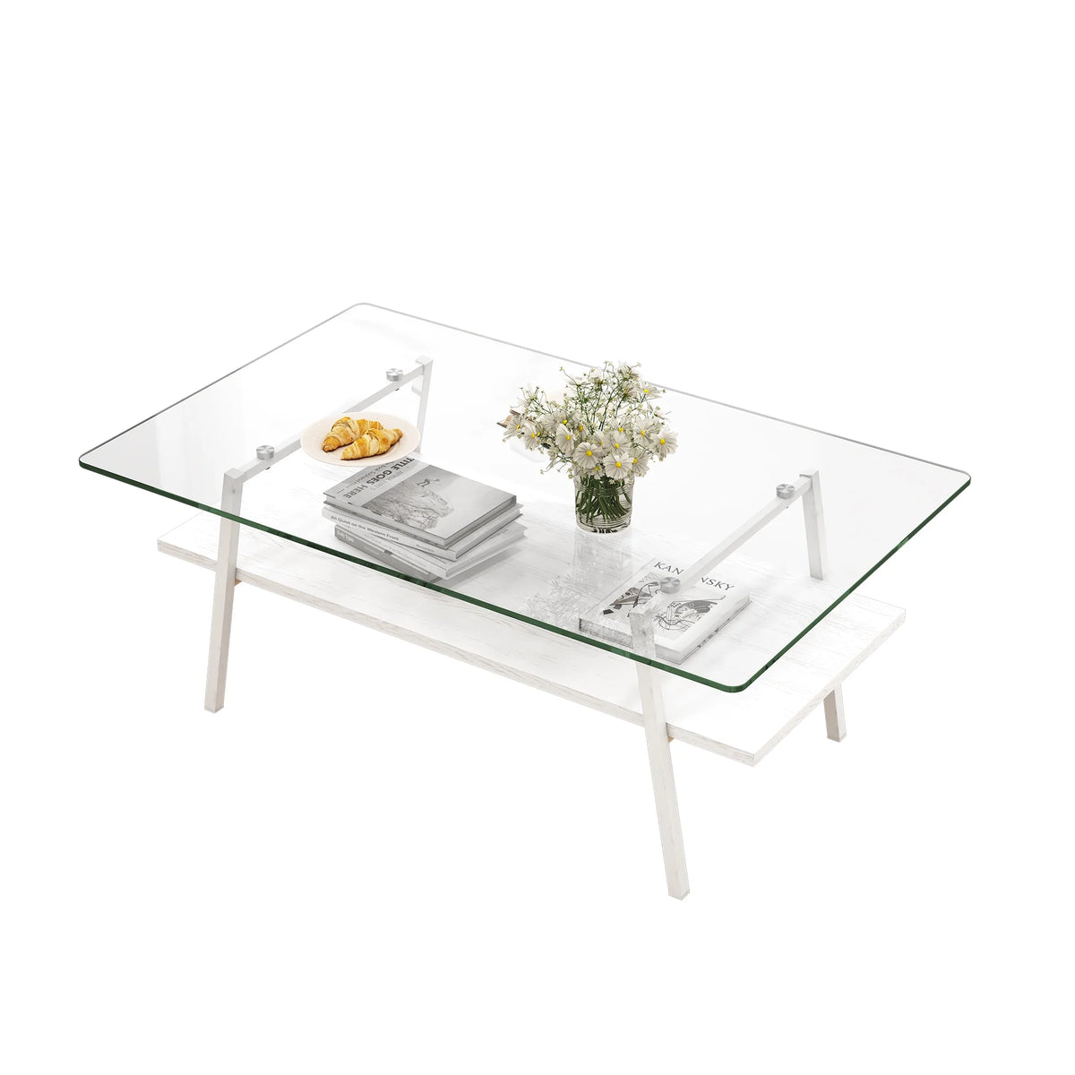 Rectangle Coffee Table with Tempered Glass Tabletop and White Metal Legs K9415
