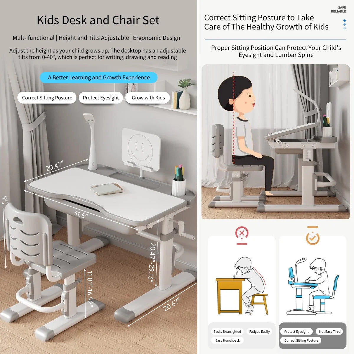 Height Adjustable Kids Study Desk and Chair Set with Storage Drawers W938272