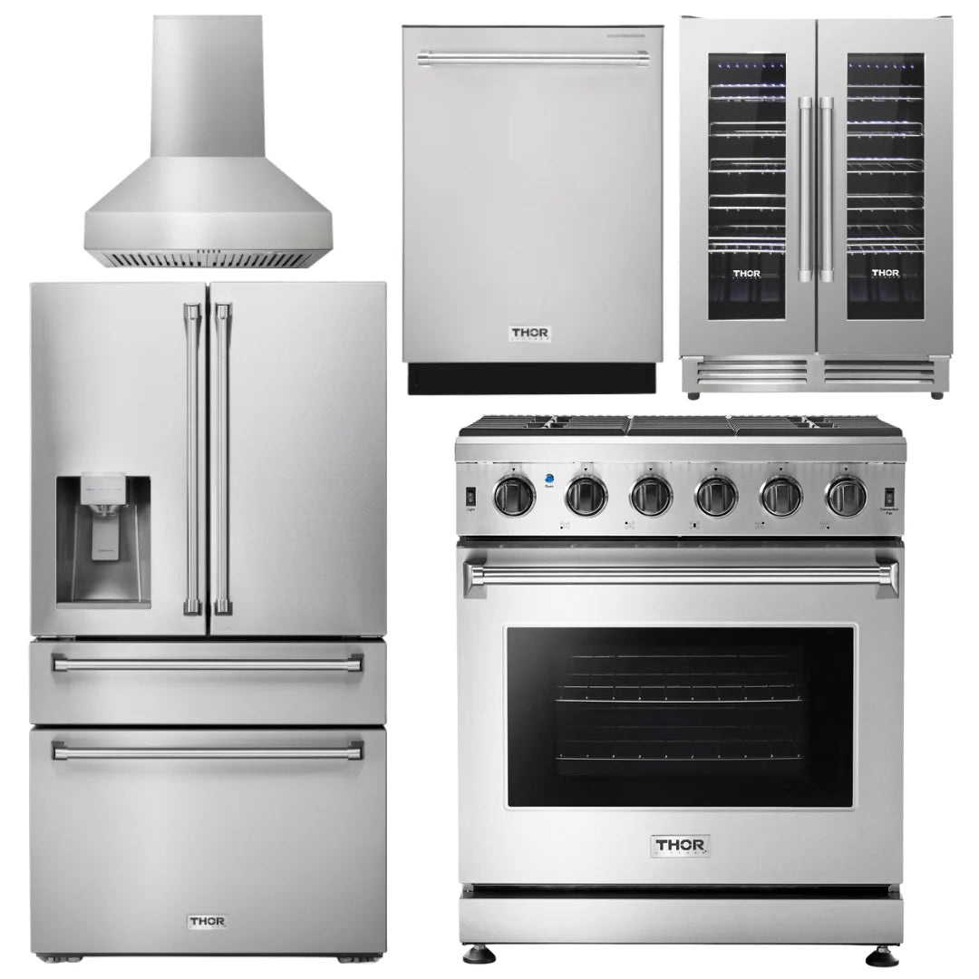 30 Gas Range, Range Hood, Refrigerator with Water and Ice Dispenser, Dishwasher, Wine Cooler O995772