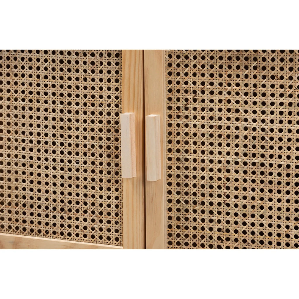 Rattan and Natural Brown Finished Wood 2-Door Sideboard Buffet U86751