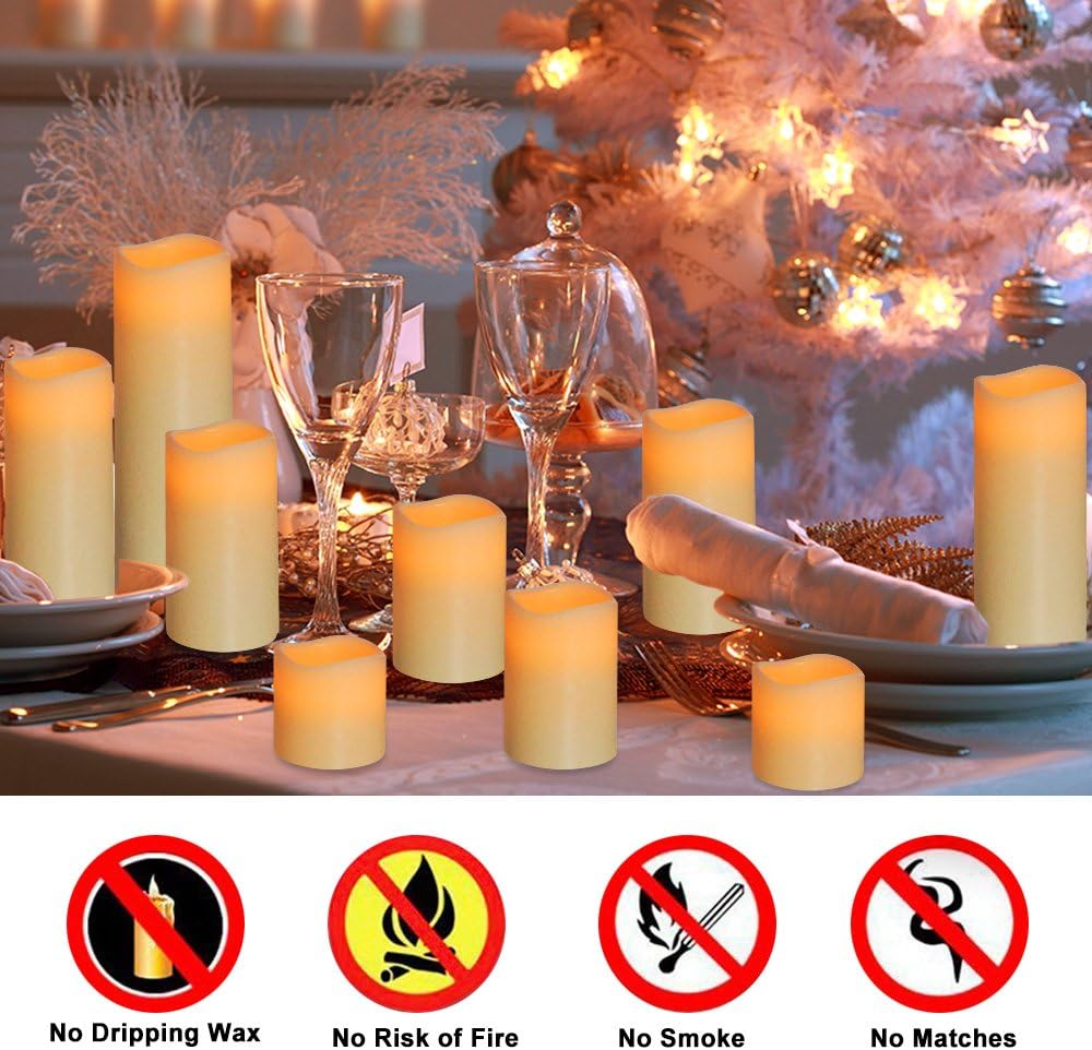 Flameless LED Pillar Candle Set of 9 with Remote Control Timer R4478