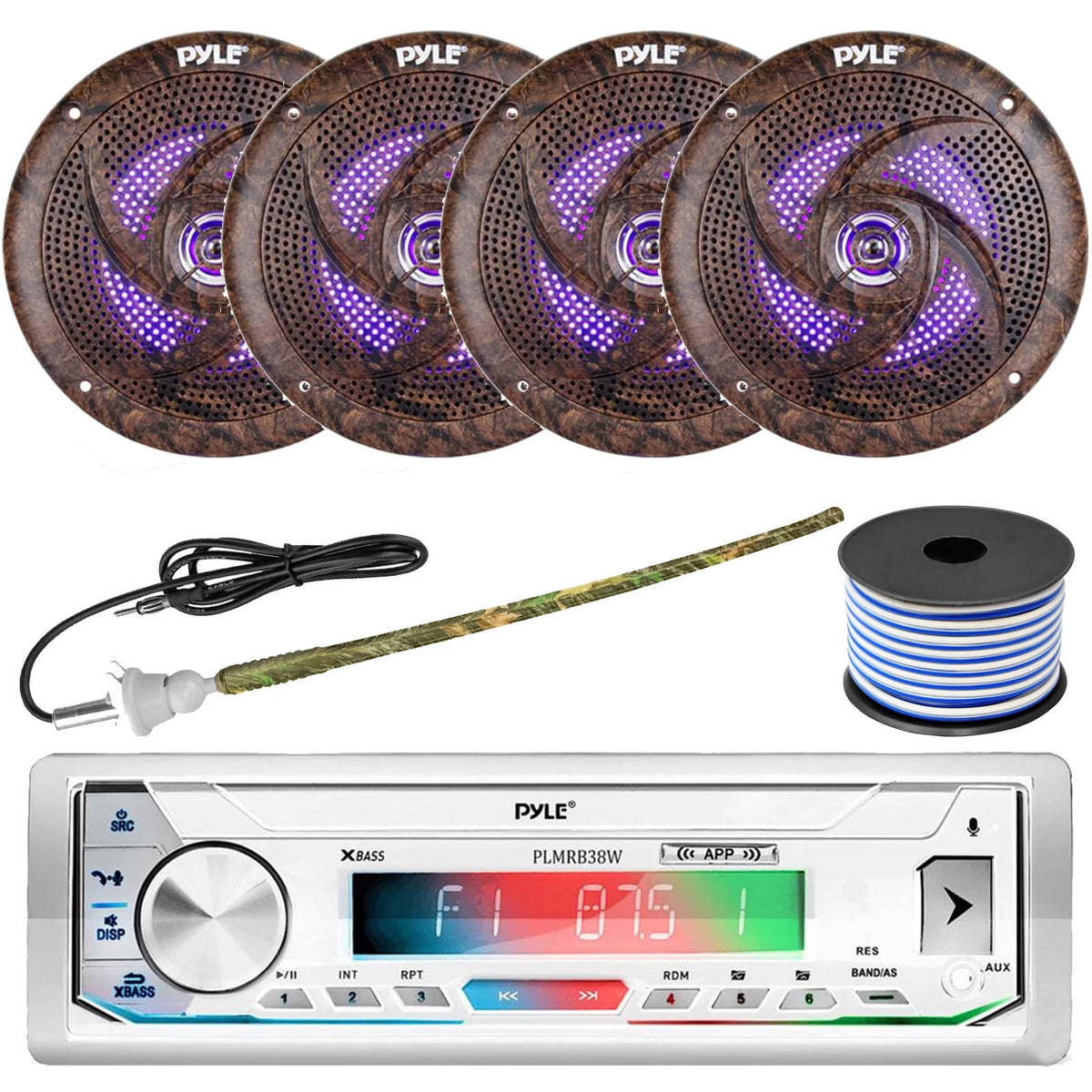 Single DIN Marine Stereo Receiver with 2 Pairs 6.5'' Waterproof LED Speakers Y43771