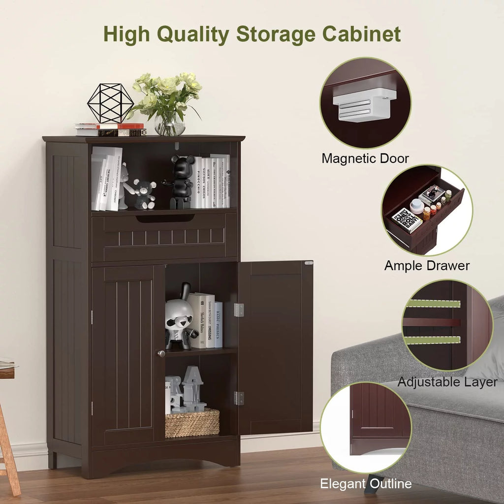 Dark Brown Bathroom Storage Cabinet with Drawer and Shelf M765852