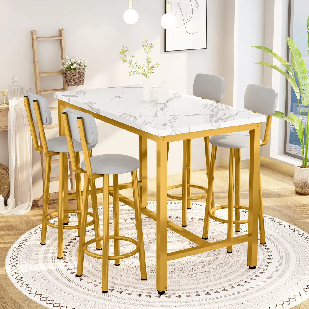 Faux Marble Counter Height Dining Table Set with 4 PU Upholstered Stools E199