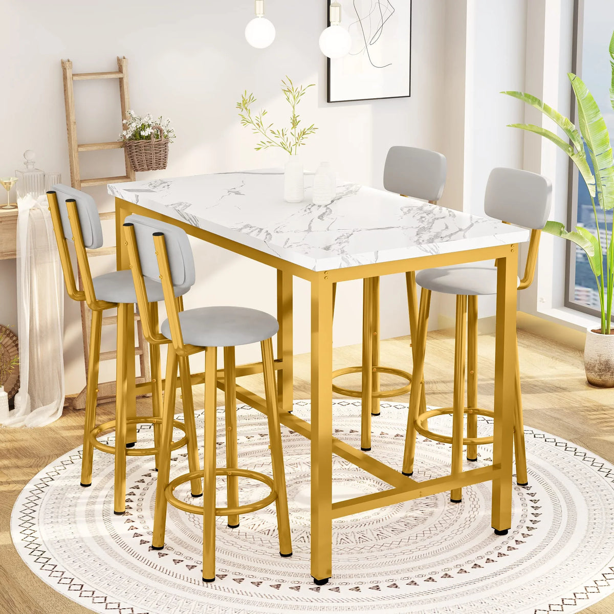 Faux Marble Counter Height Dining Table Set with 4 PU Upholstered Stools E199