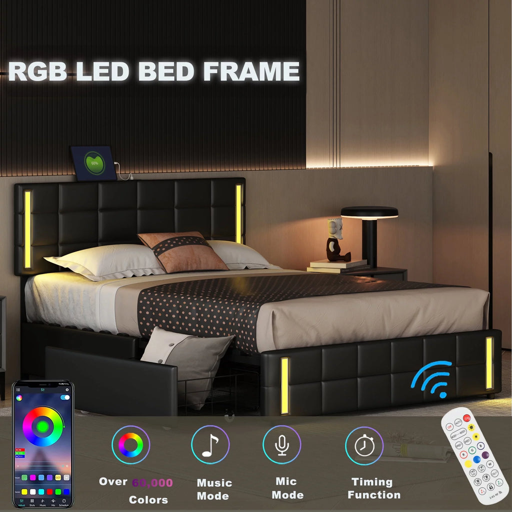 Queen Size Upholstered Platform Bed with LED Lights and USB Charging, 4 Drawers, Black L585663