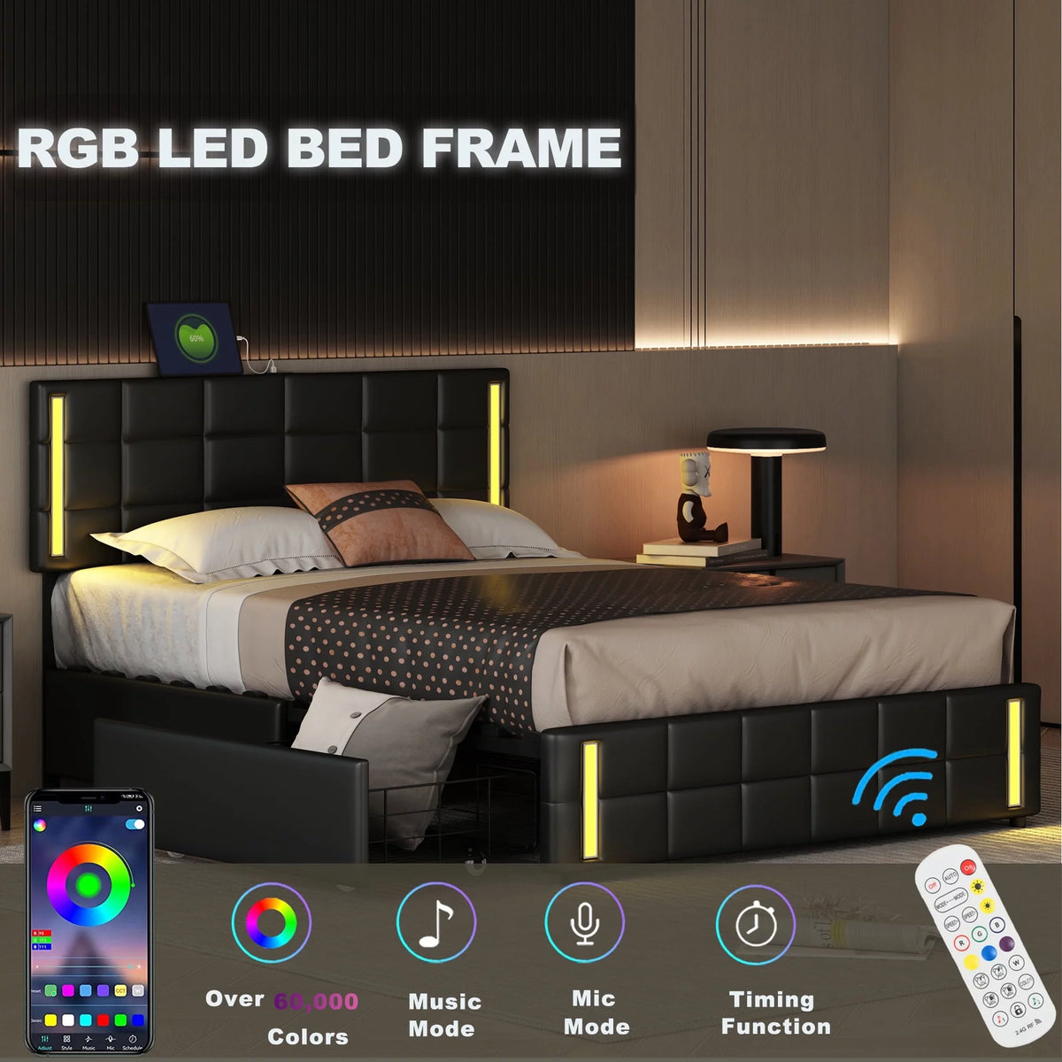 Queen Size Upholstered Platform Bed with LED Lights and USB Charging, 4 Drawers, Black L585663