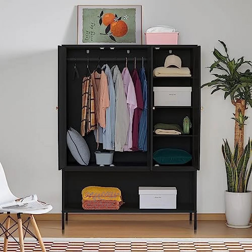 Large 3 Door Rattan Wardrobe Closet with Shelves and Hanging Rail E9674