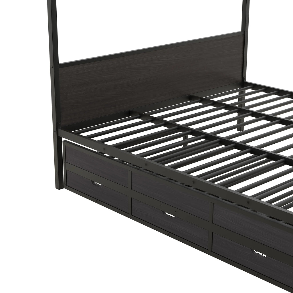 Queen Size Black Metal Canopy Platform Bed with Trundle and 3 Storage Drawers Z859
