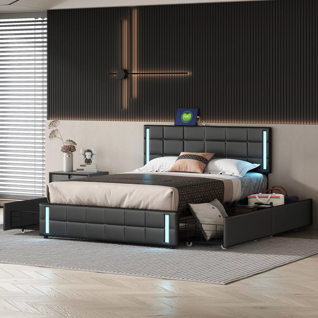 Queen Size Upholstered Platform Bed with LED Lights and USB Charging, 4 Drawers, Black L585663